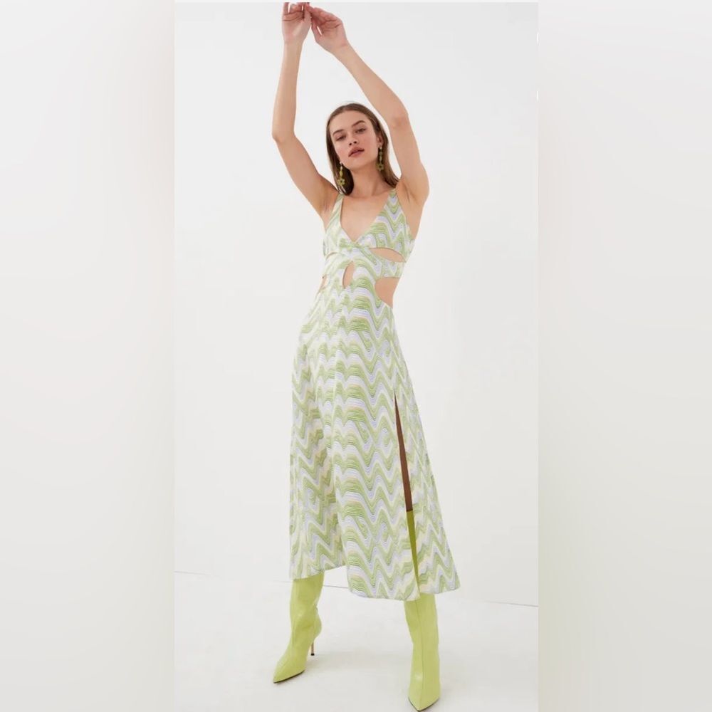 177 NWT For Love and Lemons $252 Green Patterned Cut Out Maxi Dress Size XS